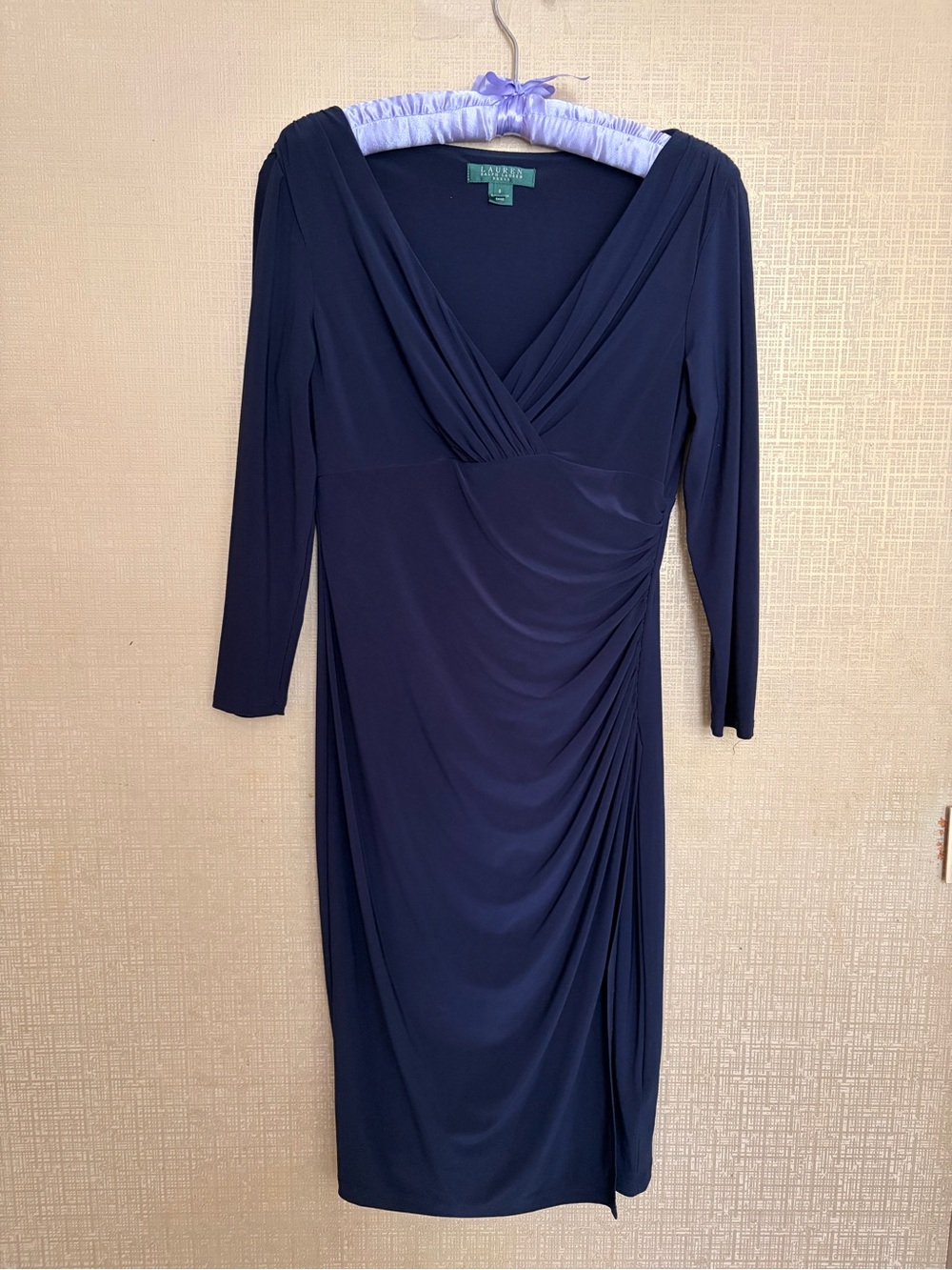 Lauren Ralph Lauren Navy Wrap-Style Ruched Sheath Dress